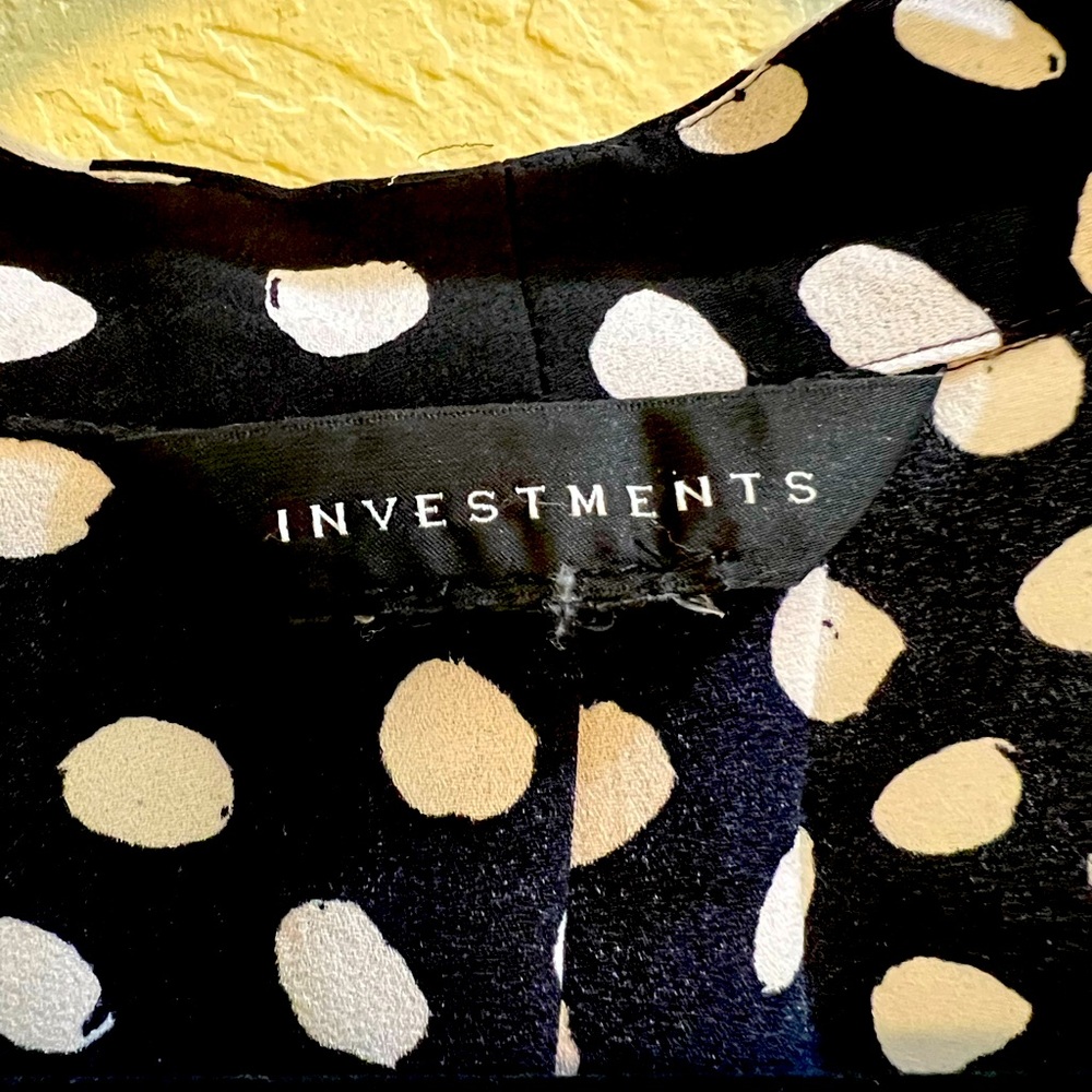 Black pock-a-dot dress shirt with hidden buttons.